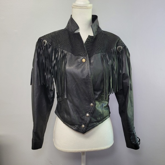 Unbranded Jackets & Blazers - Vintage Black Leather Fringe Western Jacket Zebra Embossed Concho Cropped 90s